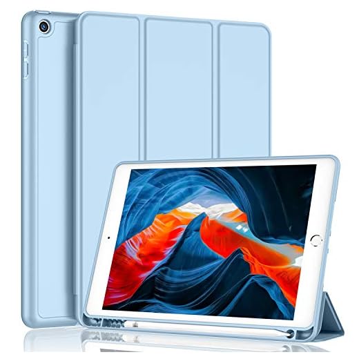 iMieet iPad 9th Generation Case 2021/iPad 8th Generation Case 2020 10.2 Inch with Pencil Holder, iPad 7th Gen 2019 Case with Soft Baby Skin Silicone Back, Auto Wake/Sleep Cover (Sky Blue)