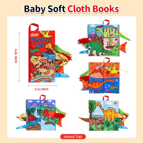 Image of Jollybaby Baby Books 0-6 Months, Touch and Feel Crinkle Soft Cloth Books for Infants Babies, Toddler Early Educational Interactive Stroller Sensory Toys, Baby Girl & Boy Gift(Dinosaur Tails)