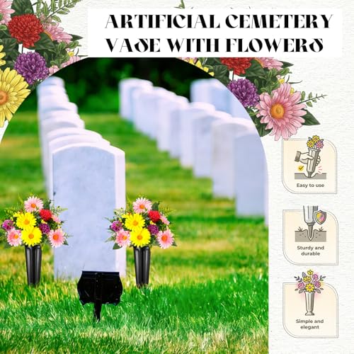 Image of 4 Set Christmas Artificial Cemetery Flowers for Grave Fake Mums with Vase