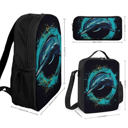 3 Piece Backpack for Women Men Lightweight Causal Daypack Shoulder Bag Set with Insulated Lunch Bag And Pencil Case Organizers Hoop Jumping Dolphin2