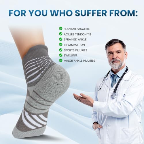 IRAMY Cotton Compression Ankle Support Socks Men Women Arch Support Breathable Moisture Wicking Plantar facitiies,Black+Light Grey+Dark Grey-6 Packs-L - 5