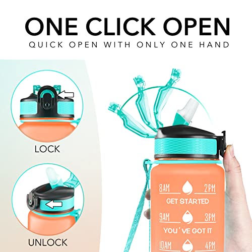 Image of HYETA 32 OZ Water Bottle with Times to Drink and Straw, Motivational Timed Marker Water Bottles with Strap, Leakproof & BPA Free, 1 Liter Reusable Sports Water Bottle for Fitness, Gym & Outdoors, Orange-Green