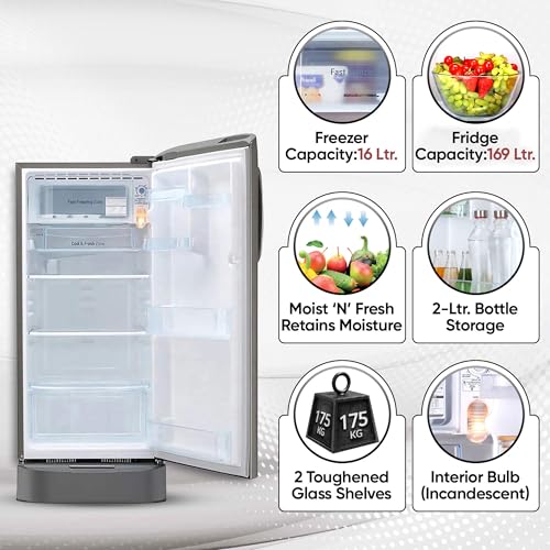 Image of LG 185 L 5 Star Inverter Direct-Cool Single Door Refrigerator (GL-D201APZU, Shiny Steel, Base stand with drawer)
