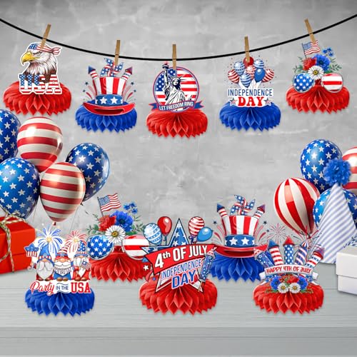 Image of 9PCS 4th of July Honeycomb Centerpieces Themed Birthday Party Decorations Fourth of July Independence Day Centerpiece Table Decoration Party Favors Decor Supplies Gifts for Boys Girls Men Women