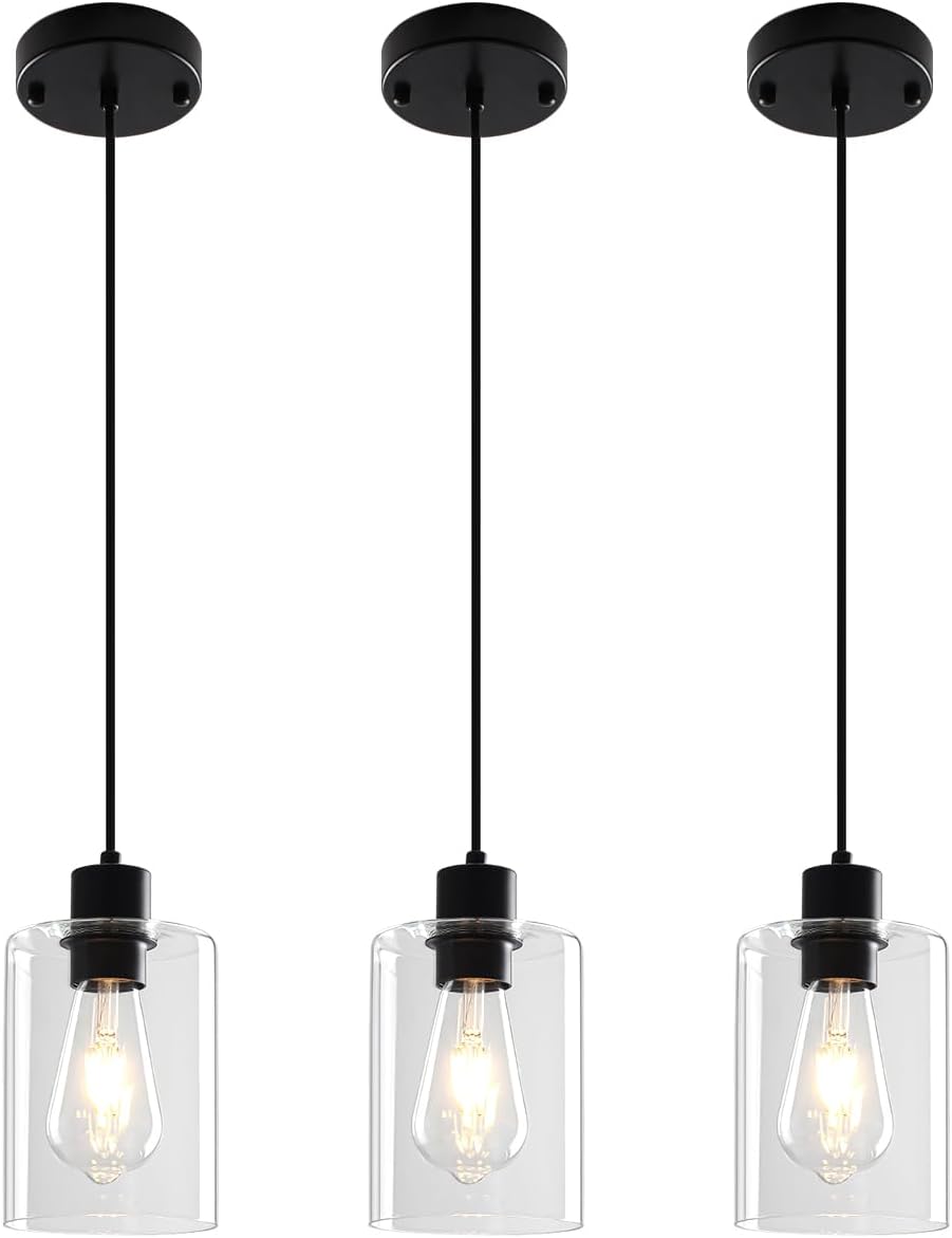 3 Pack Black Pendant Lights Kitchen Island, Modern Glass Pendant Lighting Over Island Kitchen Hanging Bathroom Ceiling Light Fixtures Adjustable Pendant Lights for Dining Room Hallway Bedroom
