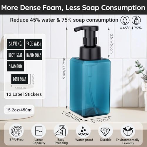 Image of Segbeauty Plastic Foaming Bathroom Countertop Soap Dispensers 15.2oz, 4pcs Refillable Foaming Pump Bottles Empty, 450ml Square Travel Foam Bottle, Shampoo Foam Soap Dispenser Pump Containers Blue