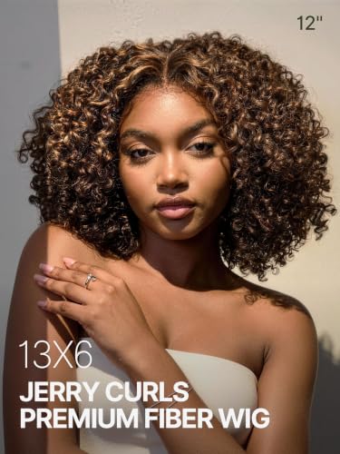 Image of Veralux Fiber Blend Human Hair 200% Density Short Curly Wigs for Black Women 13X6 HD Lace Frontal Glueless Wig 12 Inches Highlight Brown Color Ready to Go Headband Wig