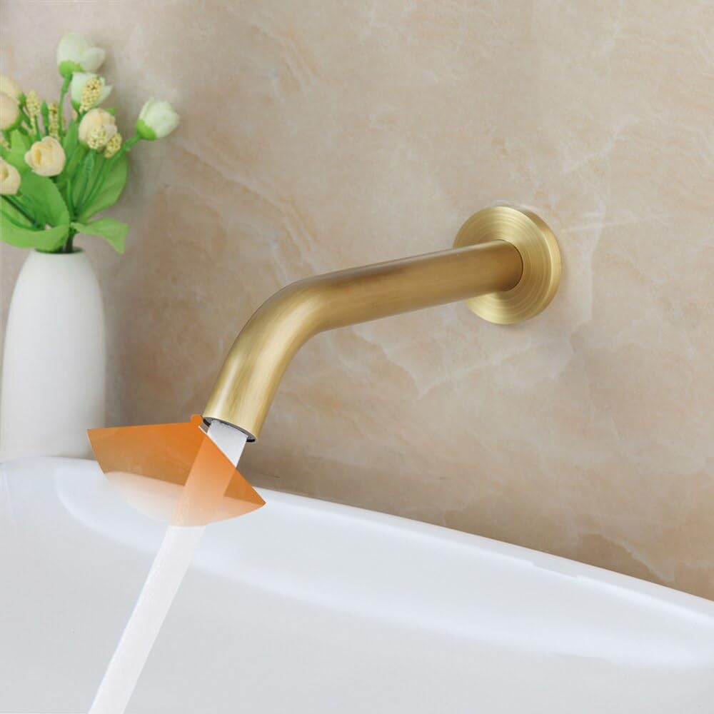 Grifo de baño Dorado con Sensor Montaje en Pared, táctil automático, Manos Libres, Grifo para Lavabo baño, Mezclador Caliente y frío (Color: latón Antiguo)