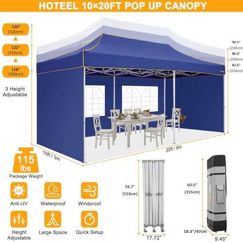 Image of HOTEEL 10x20 Heavy Duty Pop Up Canopy Tent with 4 Sidewalls, Commercial Outdoor Canopy Tents for Parties Event Wedding with Roller Bag, Waterproof & UV 50+, Upgraded Thick Hexagonal Legs, Deep Blue