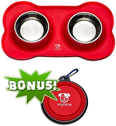 Dog Bowls Stainless Steel Set with No Spill Non-Skid Red Bone Silicone Mat 12 oz Perfect For Small Dogs Cats and Pets & Collapsible Travel Dog Bowl BONUS by MYNINE