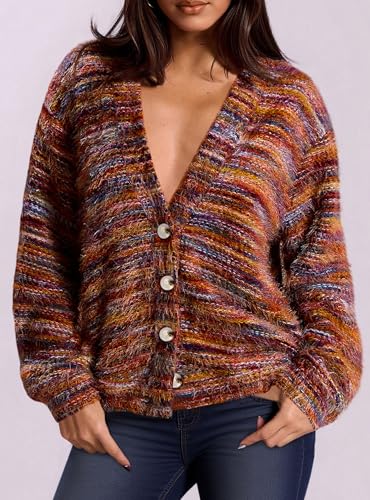 PRETTYGARDEN Womens Cardigan Sweaters Fall Fashion 2025 Striped Long Sleeve Button V Neck Knit Fuzzy Outerwear Winter Clothes2