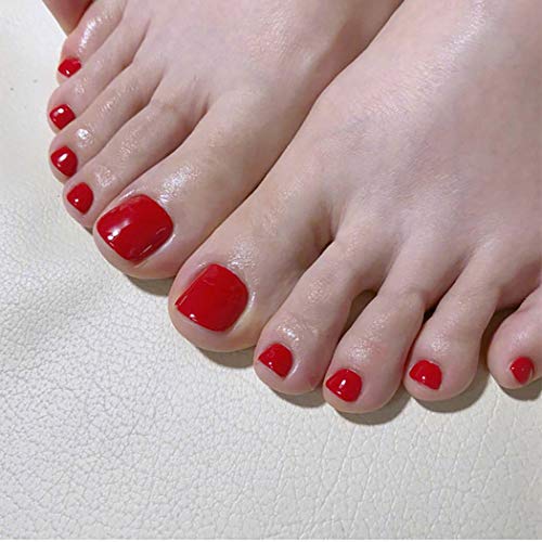 Vivilly Glossy Fake Toenails Orange Square False Toe Nails Full Cover Clips Press on Nail for Women and Girls (Red)