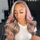 Orijodie Skunk Stripe Lace Front Wigs Human Hair Ombre Blonde with Pink Colored Body Wave Human Hair Wigs for Women 150% Density 13x4 HD Lace Front Wig Pre Plucked with Baby Hair 20Inch