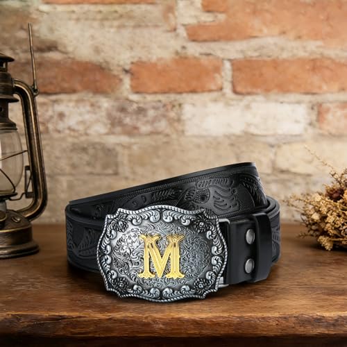 Image of Mens Western Cowboy Cowgirl Faux Leather Belt Longhorn Bull Pattern Letter Big Buckle Embossed Floral Belts