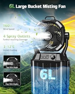 Misting Fan Portable for Outside, Camping Mister Cooling Fan for Outdoors Patios, Rechargeable Battery Operated Mist fans, 4 Spray Outlets, 3 Lights Modes, 4 Timer for Fishing/Golf/Garden/Party/Beach