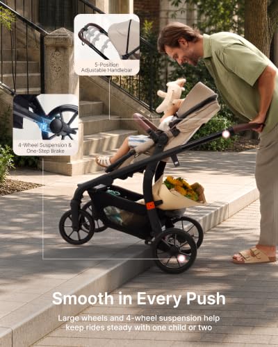 Image of Momcozy ChangeGo Baby Stroller, Convertible Single-to-Double-to-Wagon Stroller with 23 Configurations, Carry-cot and Seat Included, Large PU Wheels, All-Wheel Suspension & Extendable UPF50+ Canopy