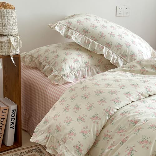 Image of MKXI Floral Duvet Cover Set for Girls 100% Cotton Ruffled Bedding with Pink Blossom Pattern Twin XL Sweet Cottagecore Aesthetic Comforter Cover for Teens & Women