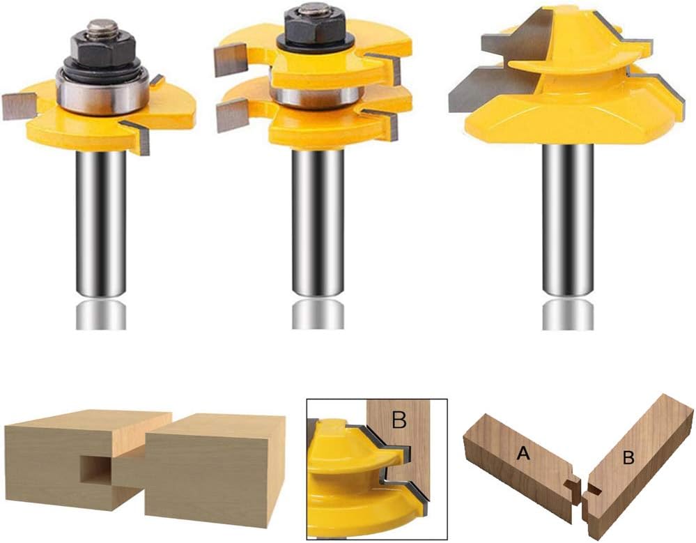 LETBUY 3 PCS Tongue Groove Router Bit Tool Set ½'' Shank + 45° Lock Miter Bit ½'' Shank - Solid Steel, Anti Kickback Design, Easy Operation - For Doors, Tables, Shelves, Walls, DIY Woodwork (3 pcs)