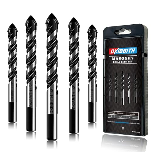 5-Piece 1/2“ Masonry Drill Bits for Tile Glass Ceramic Wall Brick Stone Soft-Metal Wood, 1/2 Inch Concrete Drill Bits Cement Drill Bit Set, 3-Flat Shank, YG8 Carbide Tungsten Steel Alloy Tip 12mm