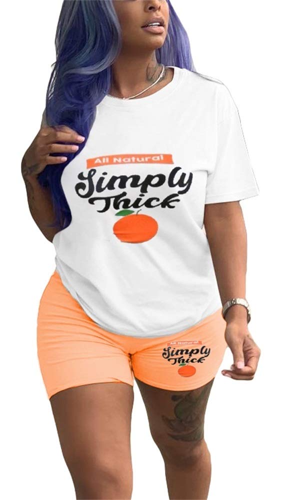 Molilove Women Two Piece Outfits Short Sleeve Top Short Pants Casual Printed Tracksuit Two-Piece Set