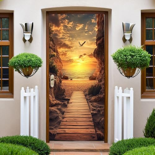 Brun Sticker Porte Intérieure 3D Trompe-l’Œil Mer et passerelle en bois 83x204 cm Autocollant Porte PVC Auto-adhésif Imperméable Décoration Maison