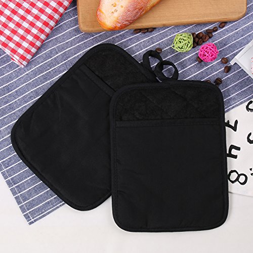 100% Cotton With Silicone Kitchen Everyday Basic Pot Holder Heat Resistant Coaster Potholder Oven Mitts With Pocket For Cooking And Baking Set Of 2 Black #TOP6