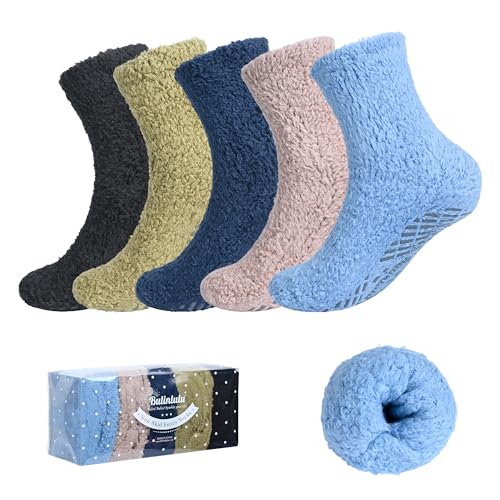 Image of Bulinlulu Fuzzy Socks With Grips for Women 5-Pairs Non Slip Sleep Warm Fluffy Slipper Socks with Grippers for women(5 Pairs Pure C)