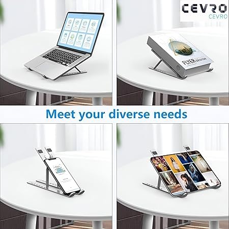Image of Portable Laptop Stand Adjustable Height | Foldable Aluminum Laptop Holder with Anti-Slip Base & Heat Dissipation | Ergonomic Notebook Stand for MacBook, HP, Dell, Lenovo (10-17 Inch, Gray)