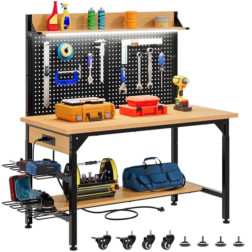 DWVO 47" Adjustable Height Workbench with Pegboard, Heavy Duty Work Bench with Wheels, Load 1100lb, Work Table with AC/USB Outlet, Storage Shelf, LED Light, Hooks, for Garage, Workshop, Home
