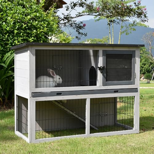 うさぎ ケージ 2層設計 ウサギ ケージ 小動物ケージ 無垢材素材 アスファルト屋根 雨や日差しから守る トレイを引き出します 屋外