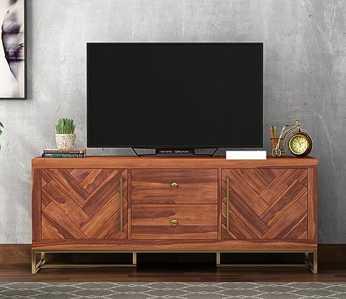 Image of Premium Solid Sheesham Wood TV Unit with 2 Drawers, 4 Shelves, and 2-Door Storage - Accommodates up to 55-Inch TV - Ideal for Living Room (Zane, Honey Finish)