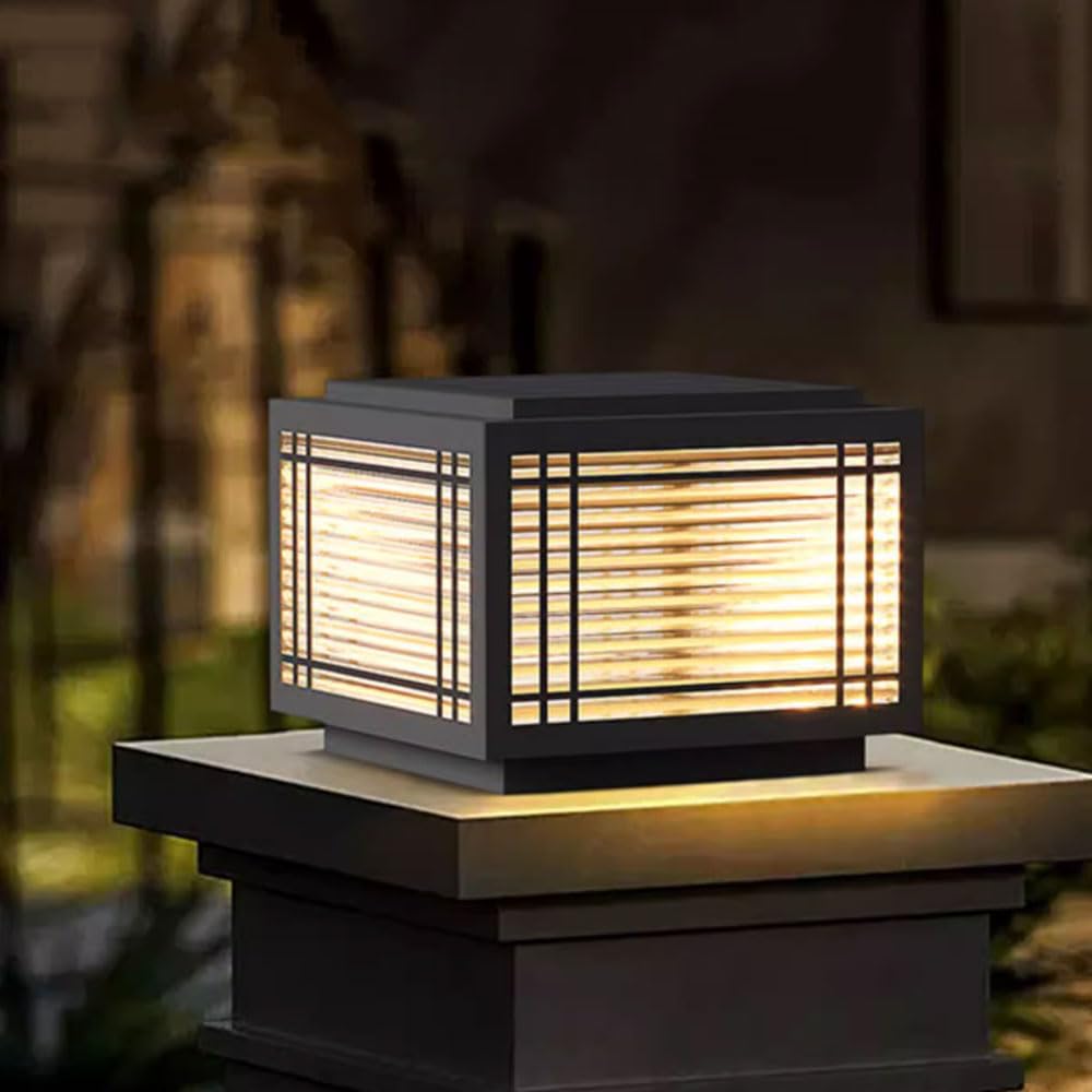 YVAMNAD Outdoor Post Caps Lights Modern Post Light Fixtures Column Lighting Hardwired Black Deck Fence Cap Lights Waterproof Outside Pillar Lamp Exterior Housing Pedestal Lantern Entrance Villa Path