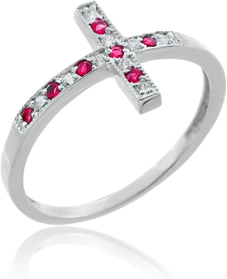 10k White Gold Sideways Cross Ruby and Diamond Ring