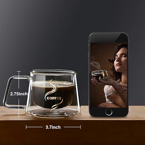 Miniatura 3 de Taza de café de vidrio de doble pared con asa, aislamiento térmico, tazas de café transparentes, vasos de doble capa, té, leche, café con leche,