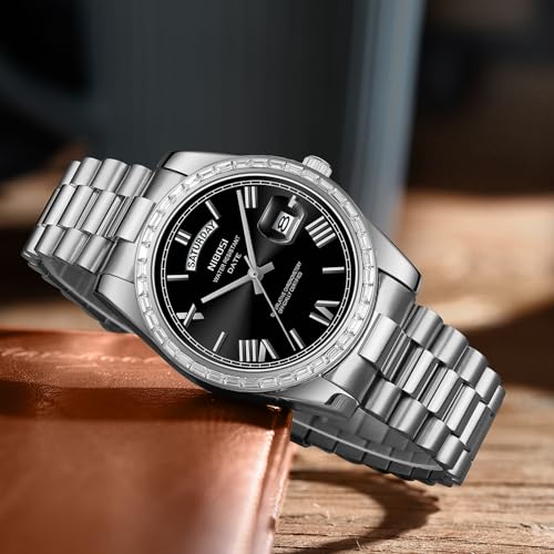 Image of NIBOSI Watches for Men Analog Quartz Diamond Bezel Stainless Steel Dial Rose Gold Silver Mens Watch Waterproof Business Classic Dress Wrist Watch with Day Date