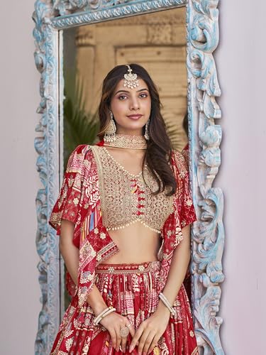 Image of Women's Digital Print With Zari Dori Embroidery Work Chinnon Silk Lehenga Choli With Dupatta (Women-Lehenga-Choli-New; Free size)