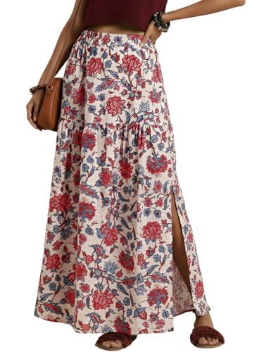 Image of GRECIILOOKS Women's Casual Summer Beach Skirts | Maxi Skirt for Women High Waist | Boho Ethnic Flared Skirts | Indian Long Skirt Rayon Printed | Elastic Waist Long Skirt's for Women