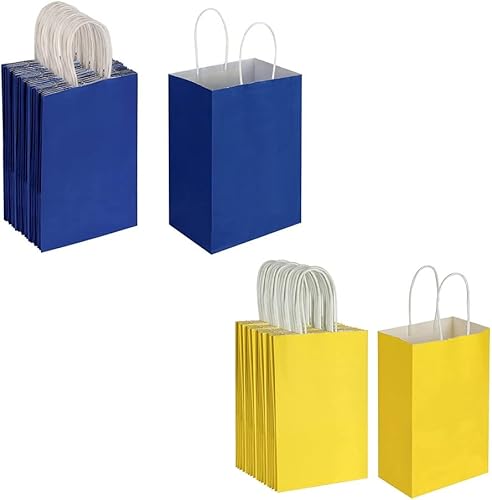 Oikss Cada paquete de 50 bolsas pequeñas de papel kraft azul y amarillo con asas a granel