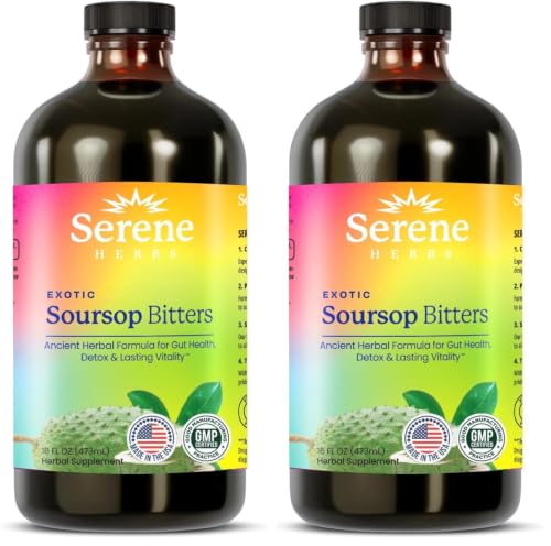 Image of Serene Herbs Soursop Bitters Liquid with Soursop Leaves for Gut Cleanse, Detox & Immune Boost with Black Seed, Moringa, Irish Moss, Ashwaganda, Turmeric, 16 fl oz (16 Fl, Soursop) (Pack of 2)