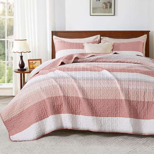Image of Andency Queen Quilt Bedding Set Blush Pink, 3 Pieces Patchwork Summer Striped Ultra Soft Lightweight Bedspreads, Coverlets Set with 2 Pillow Shams for All Seasons (90 inchx96 inch)