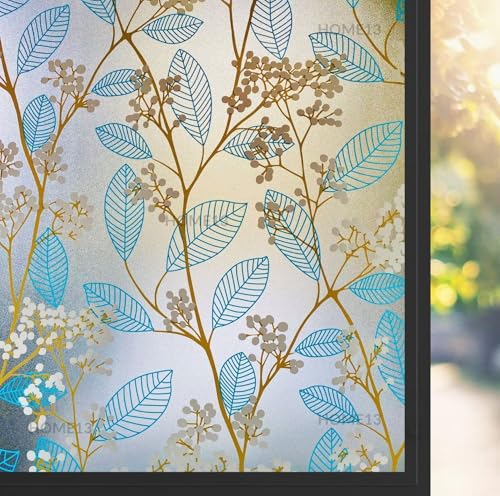 Image of HOME13 Window Privacy Film Frosted Glass Film Decorative Window Sticker Removable Window Film Home Office Privacy Film Window Coverings (Blue Leaves, 1 Feet by 8 Feet)