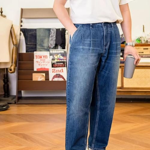 Men’S Vintage Loose Fit Two Tuck Denim Trousers Zipper Fly High Waist Midweight Washed Workwear Full Length Daily3