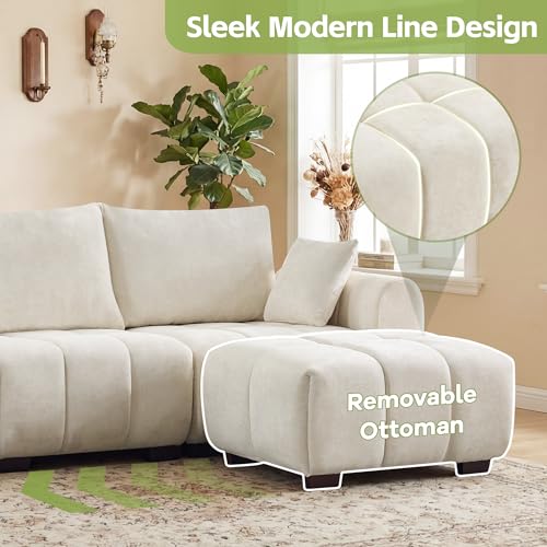 Image of 112 inch Cloud Modular L-Shaped Chenille Beige Sectional Sofa | 4 Seat Tufted Oversized Couch with Wood Legs & Movable Ottoman for Apartment Living Room