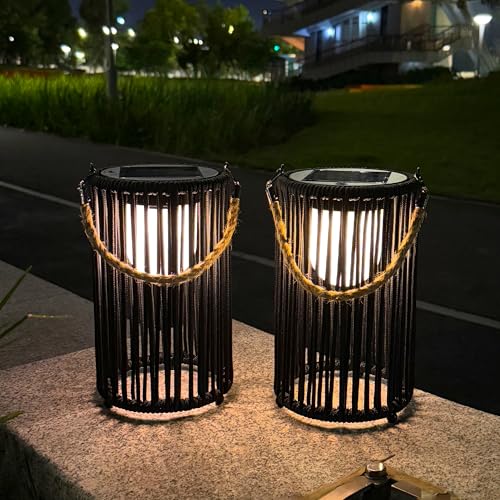 TRIROCKS 2 Set of 10.5'' High Solar Lantern Outdoor Table Lamp Outside Hanging Solar Lights with Olifen Rope Waterproof Rattan Outside Deck Light for Patio Garden Lawn Yard (Black) thumbnail 5