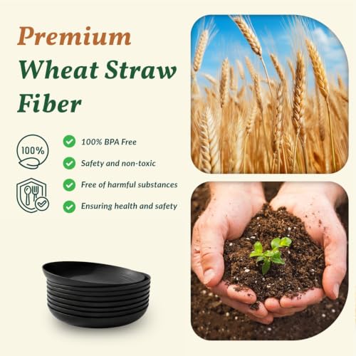 Image of Homienly Wheat Straw Plates Unbreakable Deep Dessert Plates Set of 8 Plastic Plates Reusable Microwave Safe Plate for Kitchen Camping Party Dishwasher Safe Stackable Appetizer Plates (8in, Black)