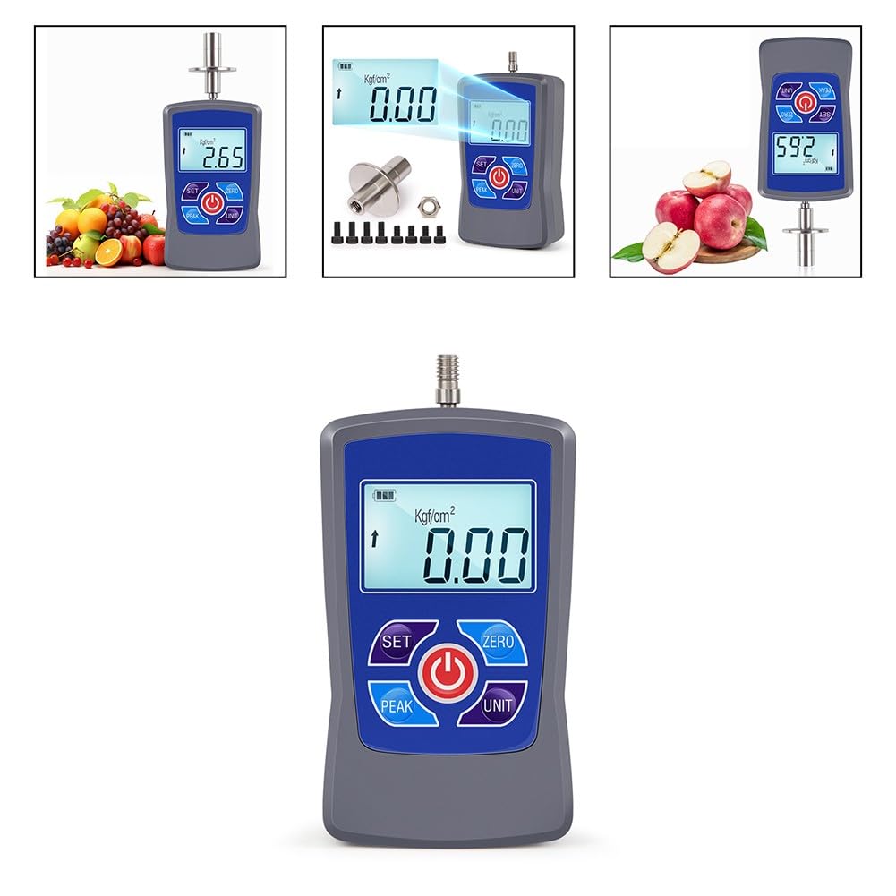 Medidor digital de dureza de fruta con pantalla de kg/fcm², modos de pico/primer pico, modelos GY-M15/GY-M30, gris-negro GY-M30