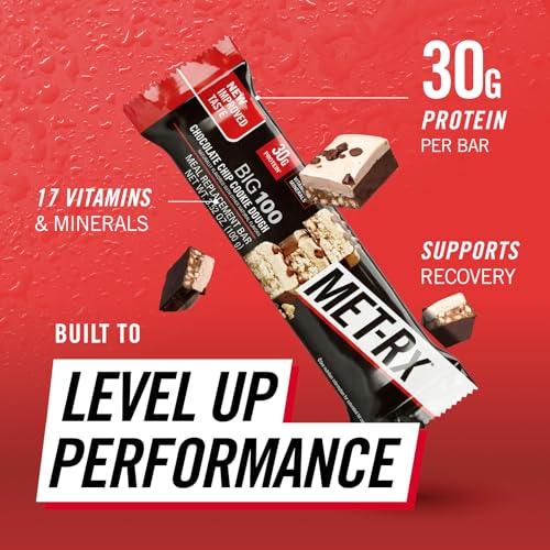 Image of MET-Rx Big 100 Protein Bars, Chocolate Chip Cookie Dough, 30g Protein, 9 Ct | Great as Healthy Meal Replacement, Snack, and Help Support Energy, With Vitamin A, Vitamin C, and Zinc