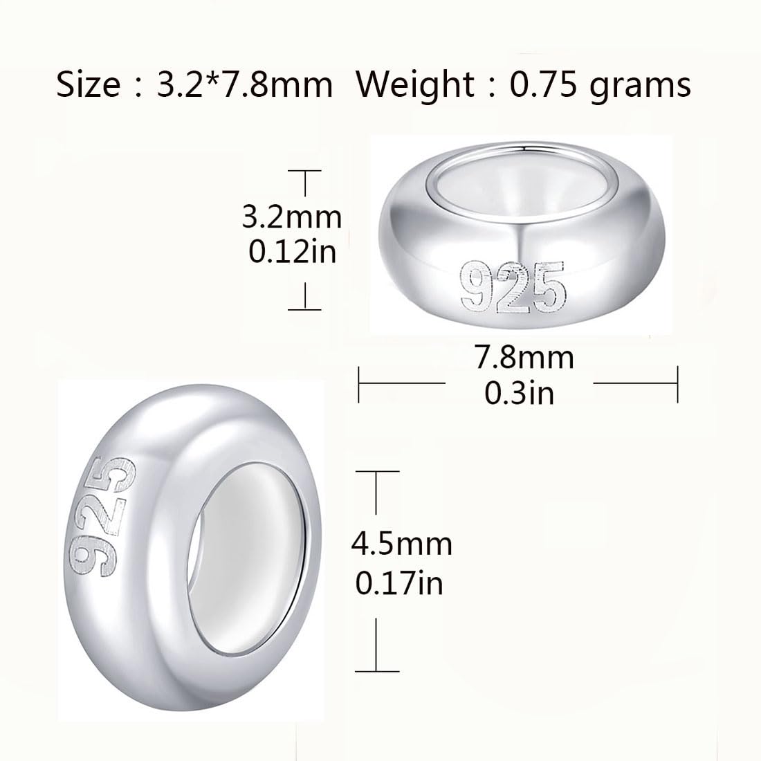 2 PCS Rondelle Spacer Charm Sterling Silver Clip Stopper Charm Lock Stopper Charm for Pandora Charms Bracelet (A, Silver)