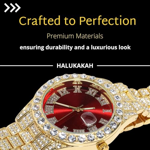 Image of Halukakah Diamonds Gold Watch Iced Out for Boy Teens Kids - 18K Real Gold /Platinum Plated,42mm Blue /Green /Red Dial,Japanese Quartz - 8 inch Length - Optional with Cuban Link Chain,with Watch Adjuster Tool