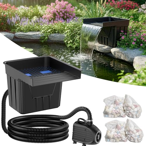 POPOSOAP Cascade d’étang avec pompe 4500 L/h, tuyau ondulé 3 m, média filtrants, déversoir de cascade pour bassin de jardin extérieur, ruisseaux et...